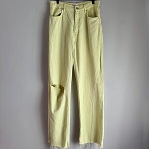 Zara High Rise Straight Leg Distressed Bright Yellow Green Jean Size 10 Long